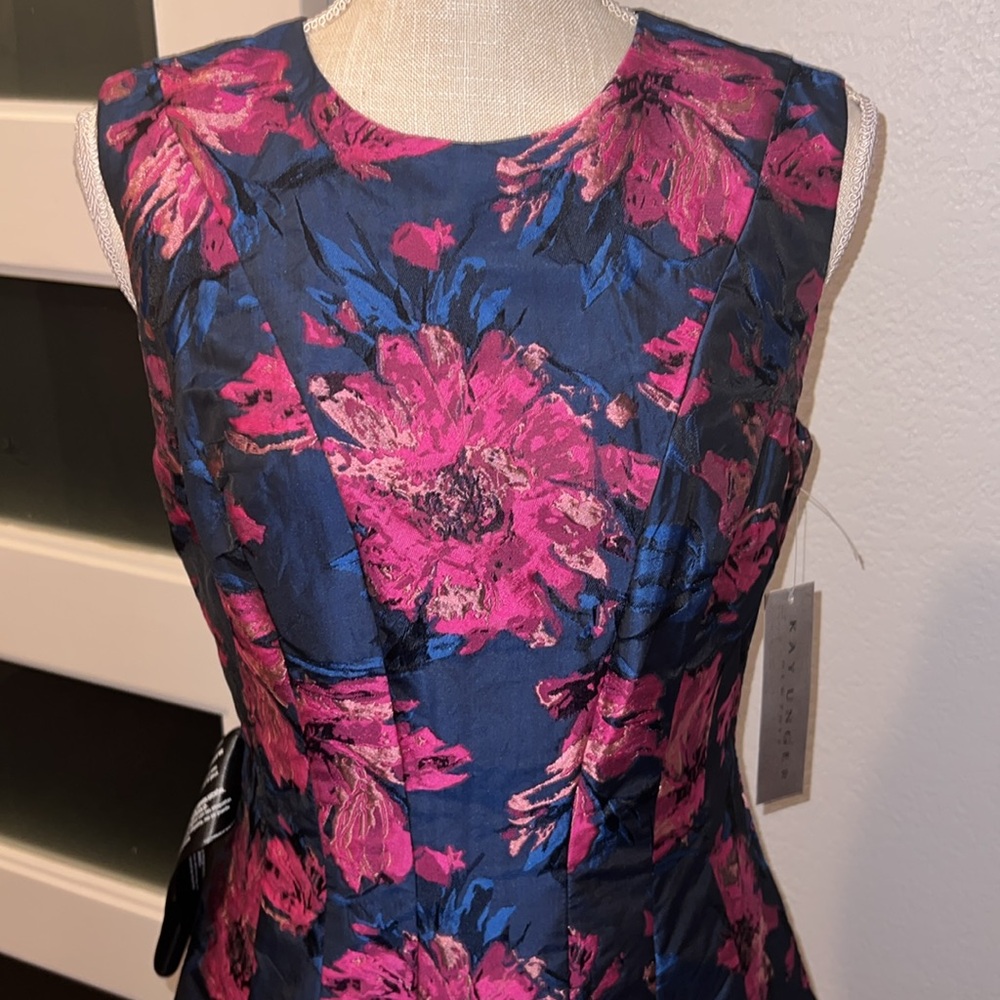 Kay Unger Navy Floral Midi Dress with Pink Floral Print - Picture 2 of 10